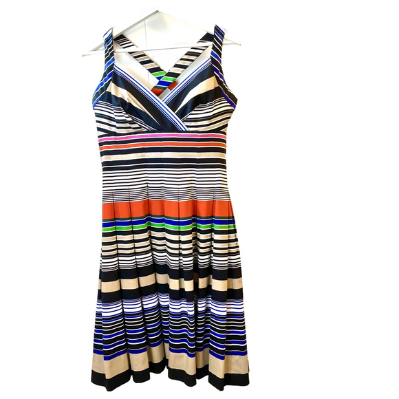 Calvin Klein Multicolor Striped Fit & Flare Pleated Sundress Cotton Stretch Midi - Picture 7 of 16